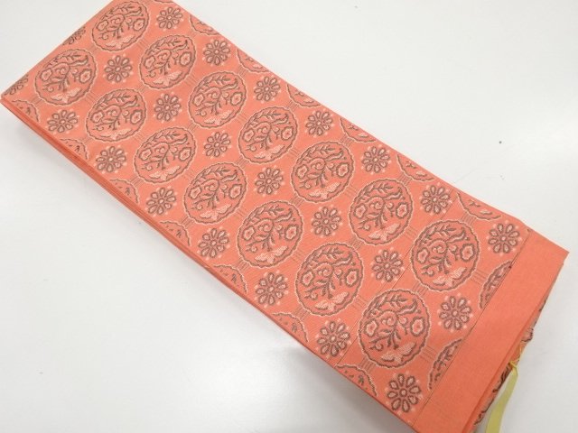 JAPANESE HANHABA OBI / WOVEN GRID & FLOWER ROUNDEL